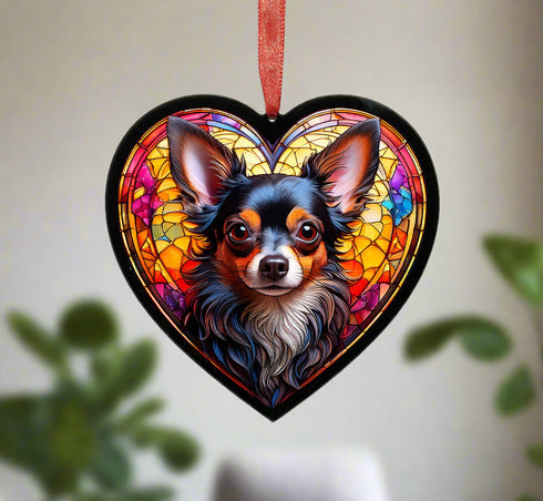Chihuahua Black Stained Glass Effect Heart Suncatcher